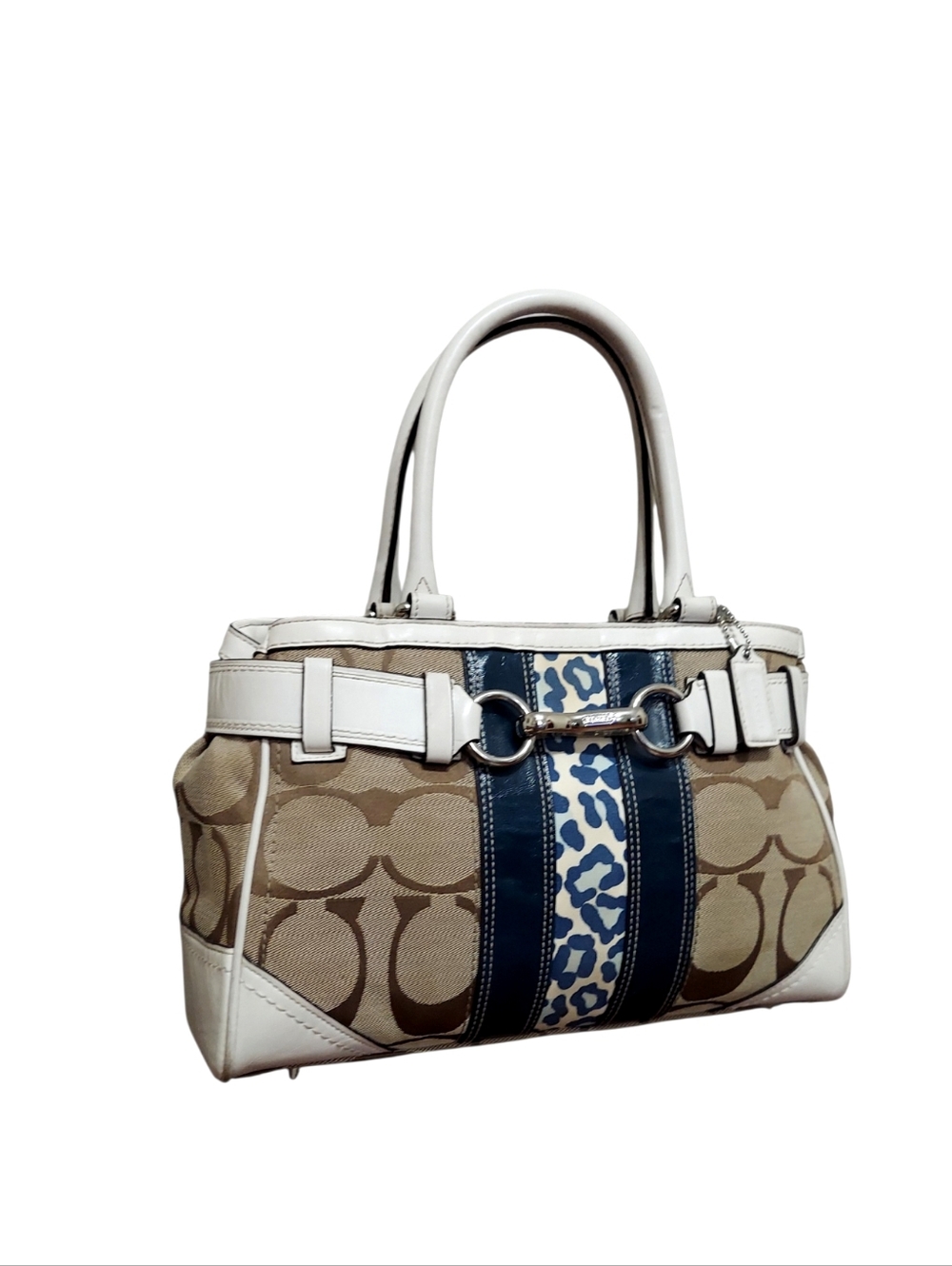 Y2K Coach 2000 Hamptons Stripe Carryall Satchel Leopard Print Jacquard & Leather - Picture 4 of 13